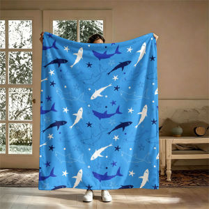 BILIBILI | Sharks Starfish Blue Flannel Blanket Perfect for Sofa Office Bed Travel Sleep Read Relax Camping Four Season Use