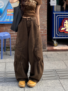 Quần Jeans Denim Ống Rộng Cạp Cao Phong Cách Mỹ Cho Nữ Quần Dài Đến Sàn Có Túi Xếp Ly Màu Đen Đen Thường Ngày Quần Thường Ngày