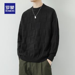 ROMON | Loose Casual Mens Knitted Sweater Romon Pure Color Knitwear White Base Shirt Spring Autumn New Style Korean Trend Round Neck Long Sleeve