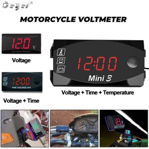 Ceyes Motorycycle DC 6V-30V 3 In 1 Digital Time Clock Voltage voltmeter IP67 Waterproof Moniter Gauge Meter Display For Car Motorcycle Volt Meter With Temperature Display