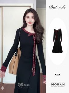 French Vintage Black Long Sleeve Dress Womens Waist Cinching Butterfly Knot Slim Fit Base Layer Inner Wear Long Dress Autumn Winter