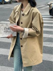 Khaki Mid-Length Womens Coat 2025 New Early Autumn Small Size High-End Feeling Super Good Looking Korean Style Commute Long Sleeve Polo Collar Single Button