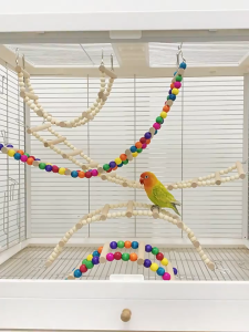 N2HAO นกแก้วไม้ธรรมชาติแกว่งของเล่นนก Perch แขวนแกว่งกรงลูกปัดที่มีสีสัน