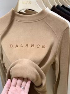 WANGGONGZHU | Thickened Long Sleeve Letter Embroidery Fleece Lined Base Shirt Womens Autumn Winter New Style Double Sided Velvet Top