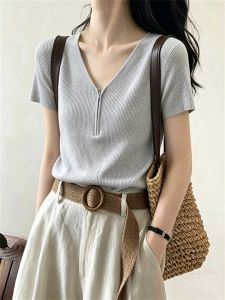 V.C.I | Minimalist Grey V-Neck Short Sleeve T-Shirt Slimming Versatile Women
