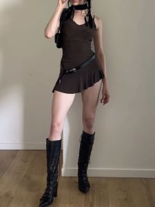 Váy Ngắn Viền Lá Sen Không Đều Không Tay Mùa Thu 2024 Váy Ngắn Không Tay Bằng Chất Liệu Khác 100% Cho Nữ