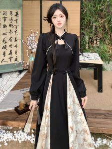 Váy Dài Tay Mới Phong Cách Trung Hoa Cổ Điển Có Nút Cài Váy Dài Cỡ Lớn Che Bụng Thon Gọn Váy Midi Chữ a Xếp Ly