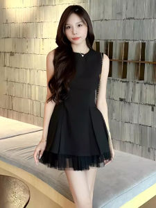 Black Sleeveless High Waist A-Line Dress Womens Summer 2024 New High-End Two-Piece Set Short Skirt round Neck Gown