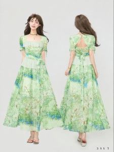 KEIKO | Square Neck Floral Printed Flared Hem Backless Dress