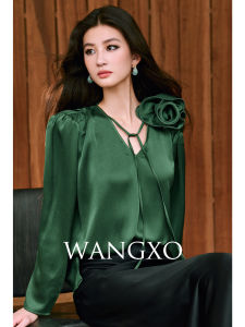 WANGXO | Áo Sơ Mi Rộng Tay V Đính Hoa Hồng 3D Bông Bóng Bọt Satin Tháo Lắp