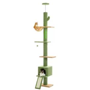 Floor To Ceiling 5 Tiers Cat Tree Tower Adjustable Height Freestanding Cat Climbing Tree with Cat Condo Sisal Scratching Post Relax Perch Hammock Bed and Play Platform Stable Tall Cat Furniture for Indoor Small Medium Large Cats