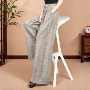 High Waist Straight Leg Cotton Linen Wide Leg Pants Womens plus Size Loose Drape Elastic Waist Floor Length Casual Trousers
