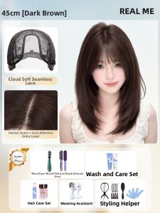 REAL ME | Full-head Womens Human Hair Wigs with Air Bangs and Layered Medium-length Style Natural Look
