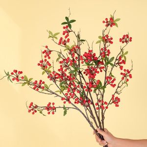 New Year Ornamental Wealthy Red Fruit Fake Flower Display Piece Lucky Red Bean Flower Bouquet Chinese New Year Decorations