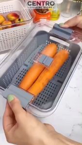 Kotak Kontainer Tempat Penyimpanan Makanan di Kulkas Lengkap dengan Keranjang Penyaring Organizer Drainer with Lid Ukuran 1.7 Liter | Kotak Tempat Bahan Makanan Buah Sayur Tomat Rempah Serbaguna dengan Keranjangan Cuci Pengering Saringan Air | SHIMOYAMA
