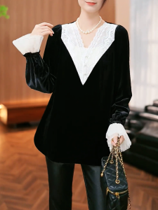 QINGNAER | Luxurious Lace Velvet Plus Size Stylish Slim Shirt