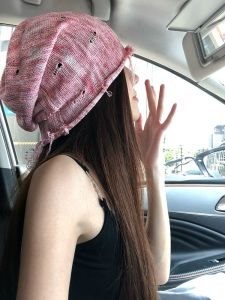 หมวกไหมพรมถักแบบค่อยเป็นค่อยไป อินเทรนด์ Hole Vintage Street Stack Hat Face พรางหุ่น Small ฤดูใบไม้ผลิ ฤดูร้อน Moon Hat For Men And Women