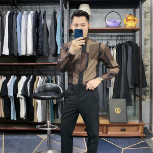 New Mens Plaid Long Sleeve Shirt Printed Business Slim Fit Gentleman No Iron Thin Spring Summer Autumn Shirt Fashionable Urban American Casual