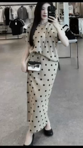 Set bộ áo mix chân váy đuôi cá dáng dài hoạ tiết chấm bi nữ tính dịu dàng NEWFASHION99