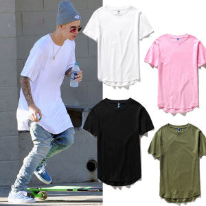 Kanye Pure Color Mens T-shirt round Hem Short Sleeve Long Length Mid-Length Base Shirt Cotton Youth Summer Casual Top