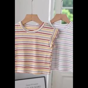 Sonkpuel | Baby Toddler Girls Summer T-Shirt Ice Silk Striped Crew Neck Short Sleeve Korean Style Fashion Casual Basic Tee