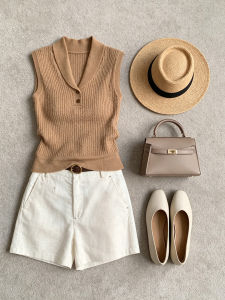 QINGMUZI | V-Neck Sleeveless Knit Tank Top High Waist Shorts Set