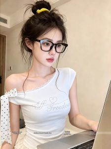 Off Shoulder Polka Dot Lace Trim T Shirt