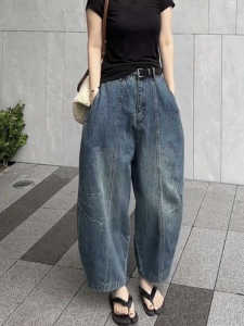 Retro Summer Thin High Waist Loose Bananas Jeans Womens Denim Lantern Pants Anti-Wrinkle Blue Color High Waist Nine Points