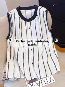 French Old Money Style Striped Ice Silk Sleeveless Blouse for Women