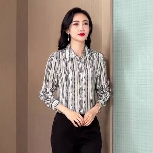 AMMIN 2024 Autumn Vintage irregular ink striped print long-sleeved chiffon blouse Womens Korean version single-breasted lapel plus-size elegant Blouse