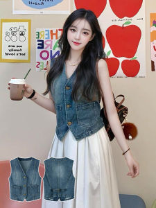 เสื้อกั๊กยีนส์คอวีแขนกุดสำหรับผู้หญิง ฤดูร้อน 2024 เสื้อคลุมกันหนาวแบบสั้น ผูกหลัง ทรงเข้ารูป ผ้าผสมคอตตอนโพลีเอสเตอร์ คลุมไหล่