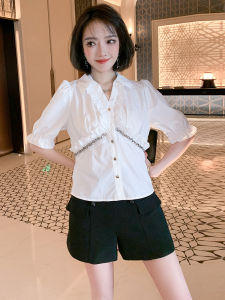 MIUCO Retro Metal Chain Floral Lace Collar Silk Womens Shirt Straight Tube Bubble Sleeve Polo Neck Pure Color Summer 2024