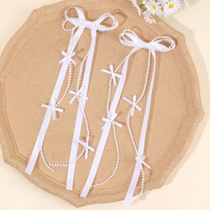 2Pcs White Satin Bow Hair Clips With Pearl Chains Elegant Long Ribbon Hairpins Sweet Romantic Hair Accessories For Girls Women