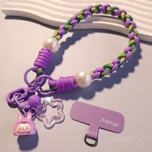 สร้อยคอโทรศัพท์แบบสั้น สร้อยข้อมือถักสีสันสดใส เครื่องประดับโทรศัพท์มือถือ โซ่พร้อมจี้น่ารัก โซ่ป้องกันการสูญหายสำหรับการเดินทางกลางแจ้ง