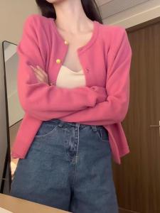 เสื้อคาร์ดิแกนถักสีชมพูนุ่มๆ สำหรับผู้หญิง ฤดูใบไม้ร่วง/ฤดูหนาว เสื้อคลุมกันหนาวแบบสวมหัว แขนยาว ปกติ ปกติ ปกติ
