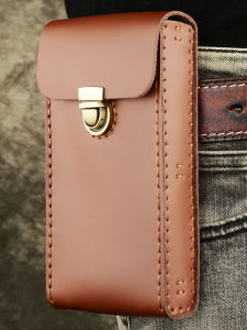 Top Layer Cowhide Waist Bag for Men Pure Color Retro Wind Style Vertical Shape Smartphone Case with Buckle Closure