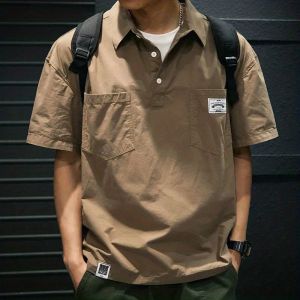NCE Summer ice silk cargo shirt men Korean style short sleeve loose Polo Shirts