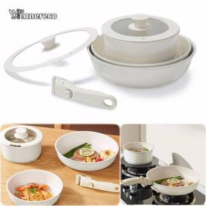 6Pcs Nonstick Cookware set Handle Detachable Kawali wok Die-Cast NO PFOA Suitable for Induction cooker & Gas stove Nonstick Frying Pans & Pots 25&27cm Frying Pan+18cm Saucepan with Lid+14cm Deep Frypan+Handle【Eight Mile Collection】