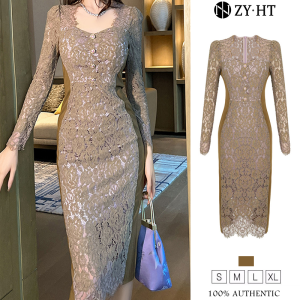 ZYHT EraVogue Women's Green Long Sleeve Square Neck Lace Dress 20943