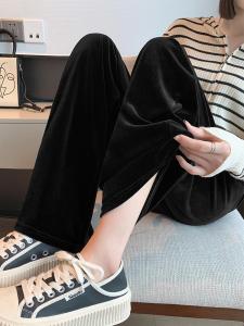 YILU | Plus Size Heavyweight Womens Velvet Wide Leg Pants High Waist Drapey Floor Length Loose Straight Casual Pants