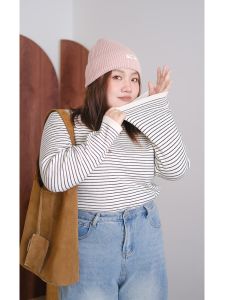 Zooobaby Loose Fit Striped Long Sleeve T-Shirt Casual round Neck Korean Style Pure Color Versatile Large Size Womens Top