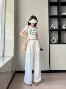 กางเกงลำลองผ้าฝ้ายผสมคอตตอนเนื้อนุ่มสบาย ๆ ทรงหลวม ทรงเอวสูง กางเกงขายาวทรงตรง ดีไซน์ลายลูกไม้ กางเกงขายาวผู้หญิง ฤดูร้อน 2025