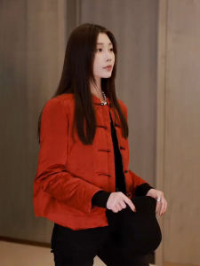 Red Christmas New Year Chinese Style Womens Cotton Jacket Button Outerwear Winter New Arrival Straight Tube Commute Style