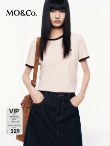 MO&Co. | Elastic Linen Cotton Slub Color Block Crew Neck T-Shirt