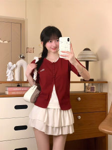 Contrast Color Lace Button Short Sleeve Slim Fit T-Shirt Embroidered Letter Fake Two-Piece Style Commute Simple Cotton Blend