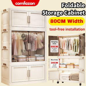 80CM Layers Wardrobe Moveable Storage Cabinet Foldable Storage Cabinet With Wheels 2 Doors Open Stackable Storage Box Clothes Organizer