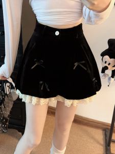 plus Size Womens Fashionable Black Velvet Shorts with Lace Butterfly Knot Micro Lantern Pants High Waist Korean Style Commute