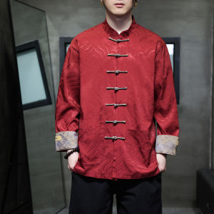 New Chinese Style Red Tang Suit Shirt Jacket Long Sleeve Mens Spring Fashionable Casual Top Hanfu Upper Body Clothing
