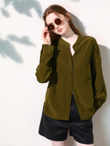 Miccbeirn | New Chinese Style Long Sleeve Shirt 100% Silk Mulberry Silk Stand Collar Button Up Versatile Elegant Colorful Retro Lapel