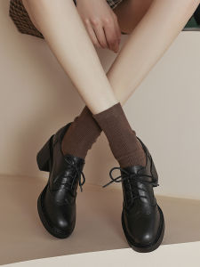 British Style Chunky Heel Single Shoes for Women Retro Brogue High Heels Lace up Large Size Footwear Comfortable round Toe